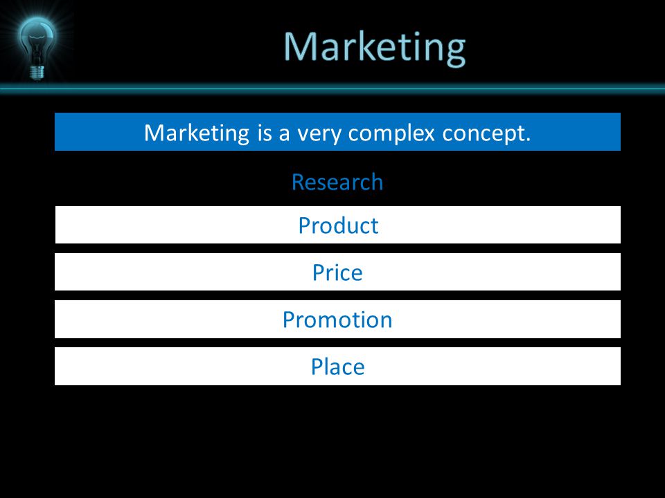Marketing Marketing is a very complex concept. Research Product design