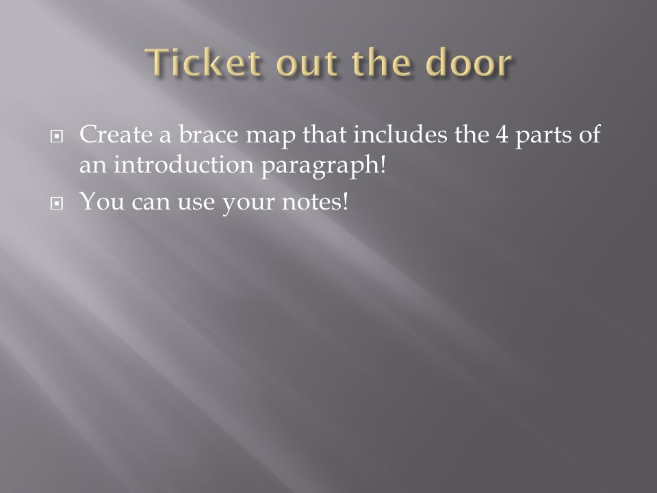 Ticket out the door Create a brace map that includes the 4 parts of an introduction paragraph.