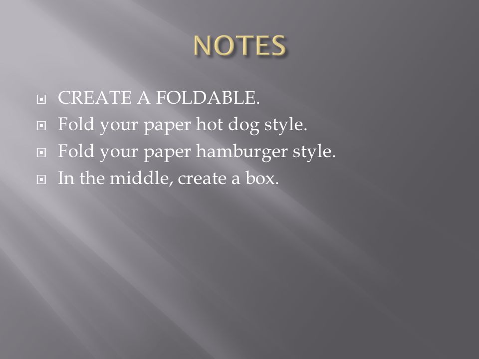 NOTES CREATE A FOLDABLE. Fold your paper hot dog style.