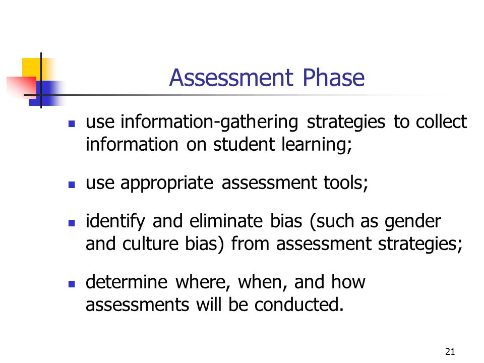 Assessment Phase use information-gathering strategies to collect information on student learning; use appropriate assessment tools;
