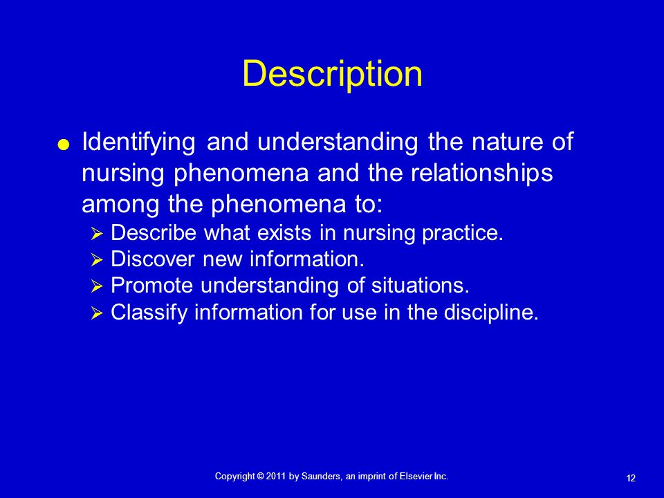 Description Identifying and understanding the nature of nursing phenomena and the relationships among the phenomena to: