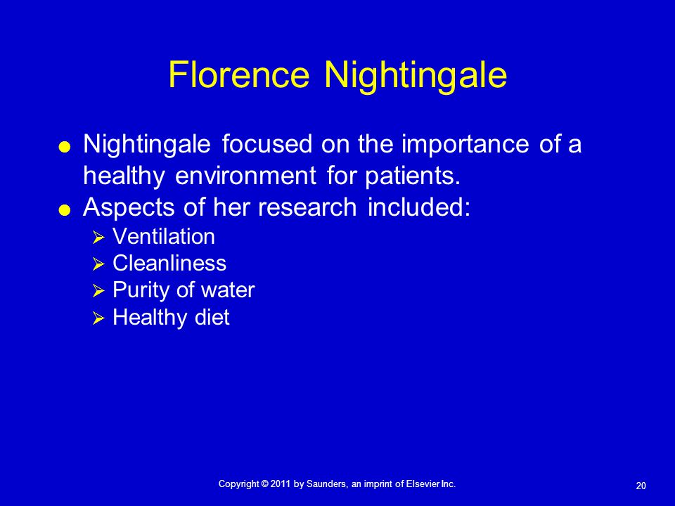 Florence Nightingale Nightingale focused on the importance of a healthy environment for patients. Aspects of her research included: