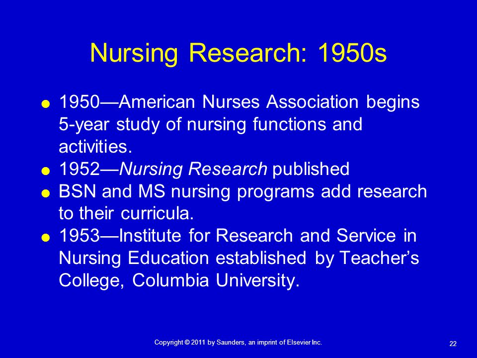 Nursing Research: 1950s 1950—American Nurses Association begins 5-year study of nursing functions and activities.