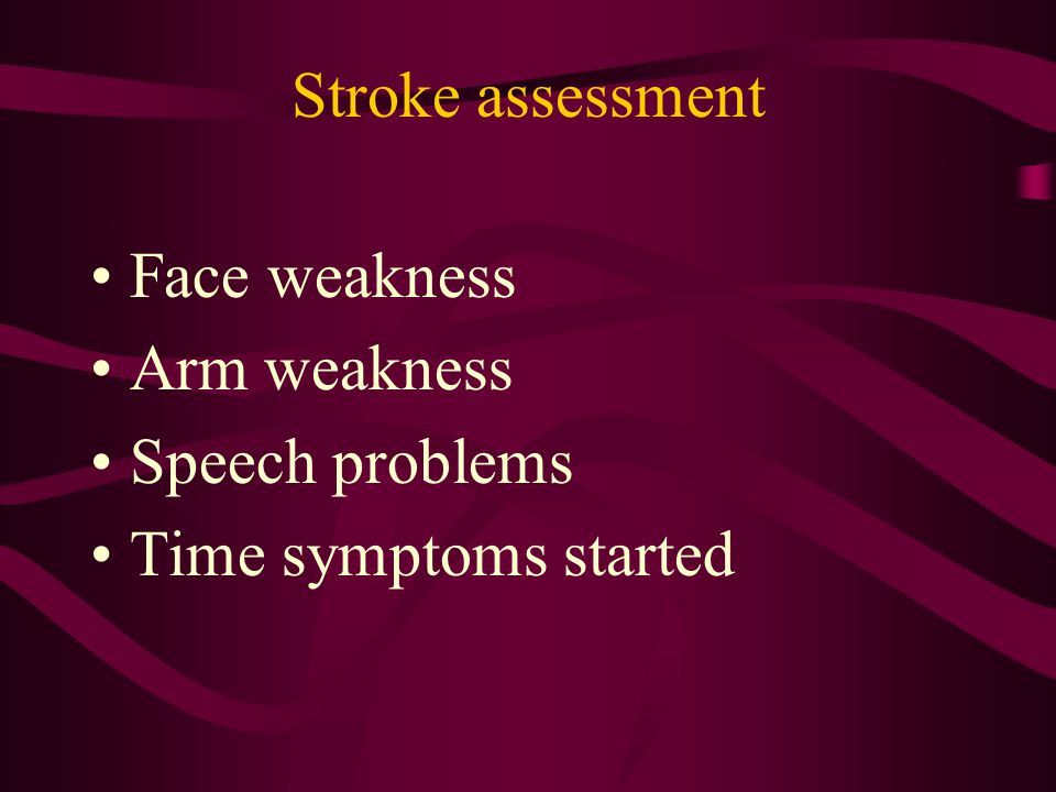 Stroke assessment Face weakness Arm weakness Speech problems Time symptoms started
