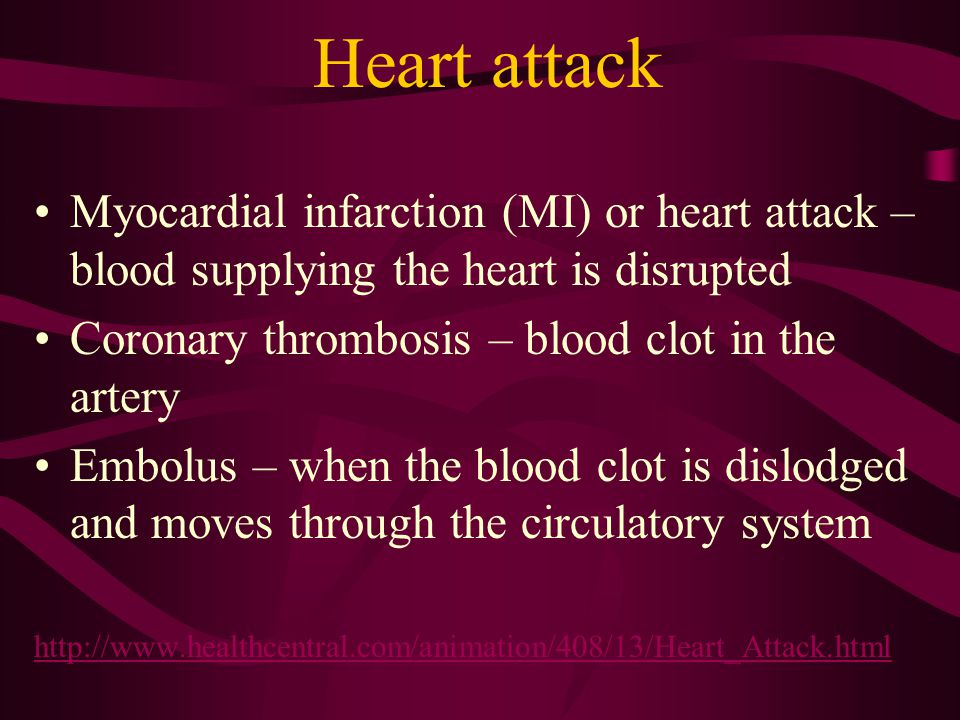 Heart attack Myocardial infarction (MI) or heart attack – blood supplying the heart is disrupted. Coronary thrombosis – blood clot in the artery.