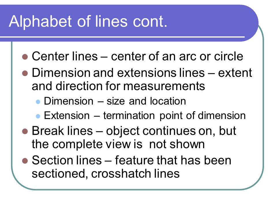 Alphabet of lines cont. Center lines – center of an arc or circle