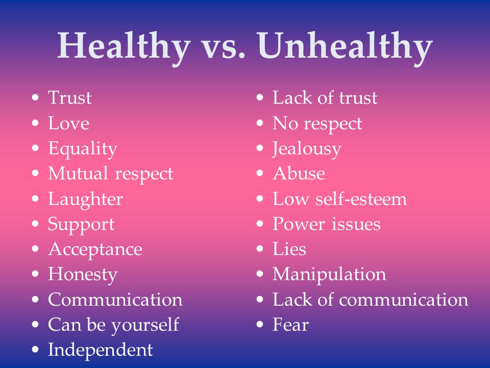 Healthy vs. Unhealthy Trust Love Equality Mutual respect Laughter