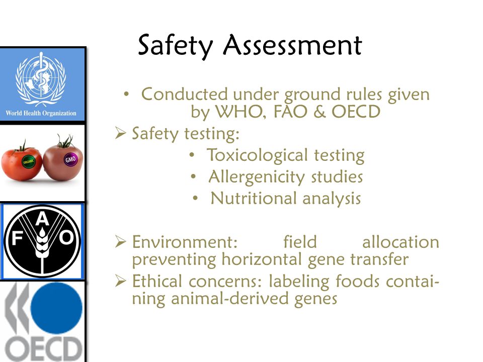 Safety Assessment Conducted under ground rules given by WHO, FAO & OECD. Safety testing: Toxicological testing.