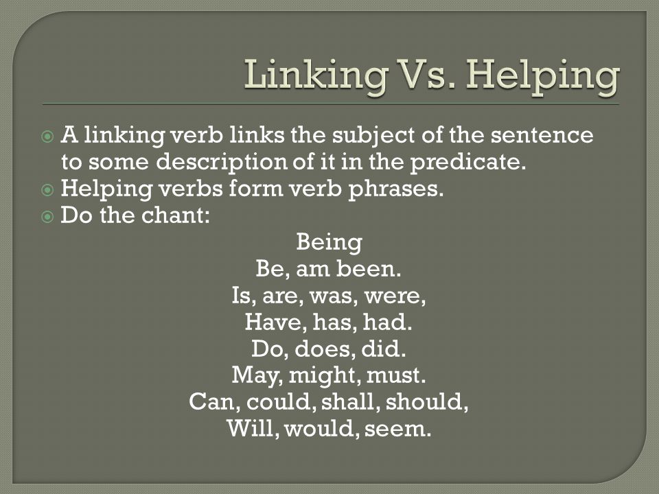 Linking Vs. Helping A linking verb links the subject of the sentence to some description of it in the predicate.