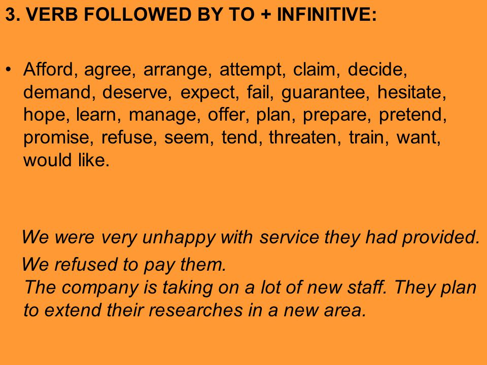 3. VERB FOLLOWED BY TO + INFINITIVE: