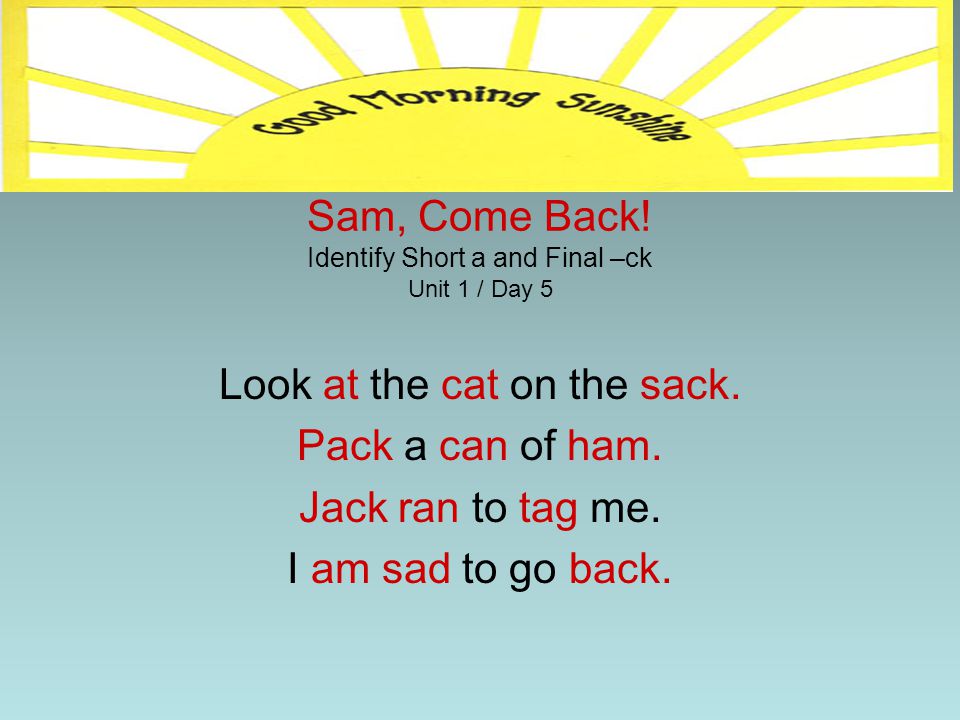 Sam, Come Back! Identify Short a and Final –ck Unit 1 / Day 5