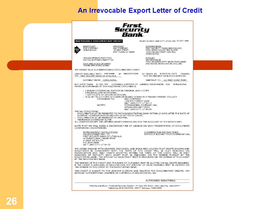An Irrevocable Export Letter of Credit