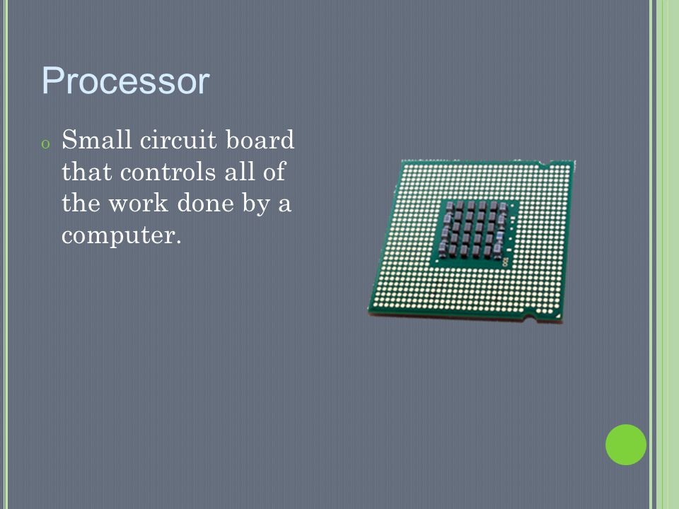 Processor Small circuit board that controls all of the work done by a computer.