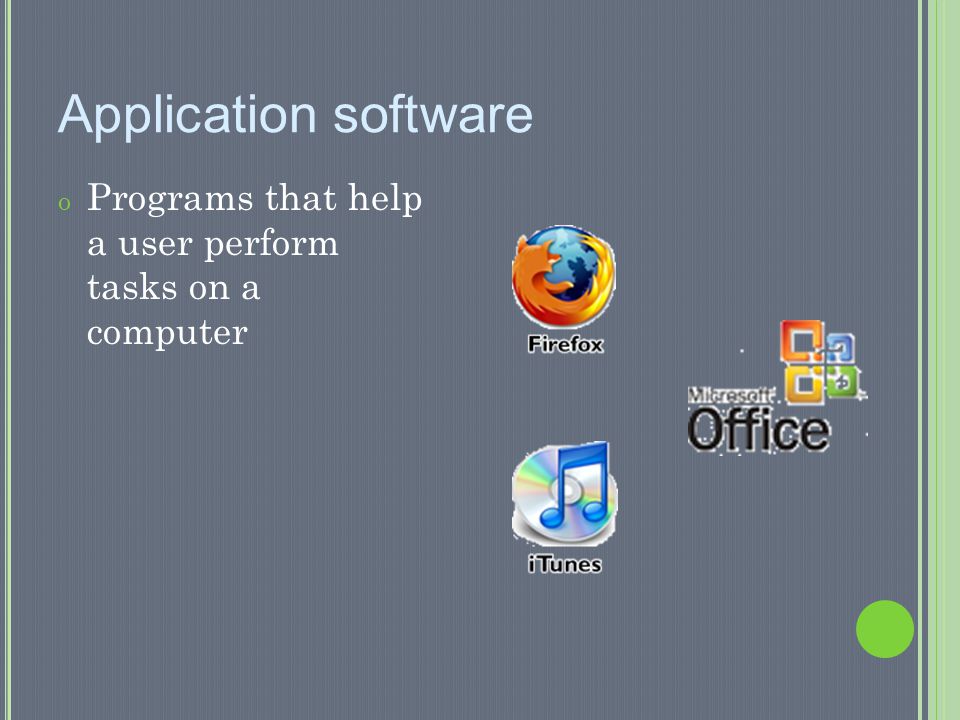 Application software Programs that help a user perform tasks on a computer
