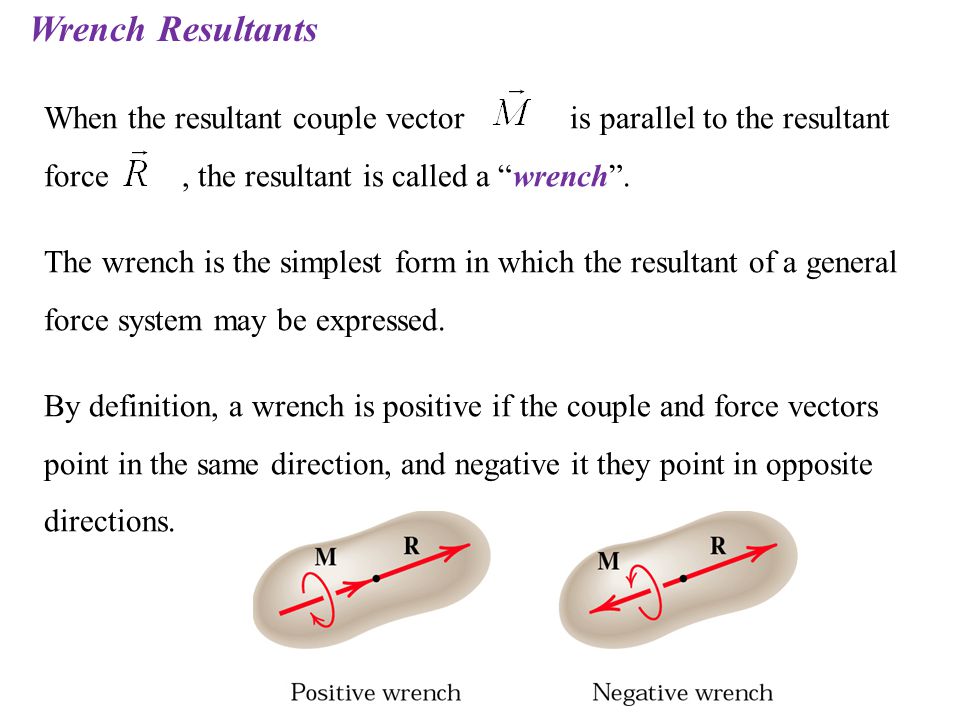 Wrench Resultants When the resultant couple vector is parallel to the resultant force , the resultant is called a wrench .