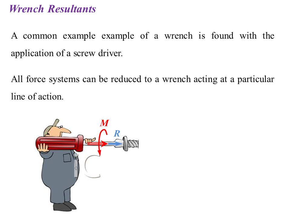 Wrench Resultants A common example example of a wrench is found with the application of a screw driver.