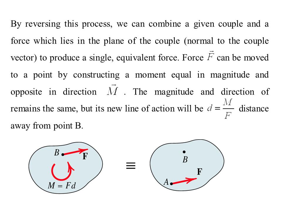 By reversing this process, we can combine a given couple and a force which lies in the plane of the couple (normal to the couple vector) to produce a single, equivalent force.