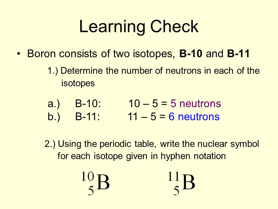 Learning Check Boron consists of two isotopes, B-10 and B-11