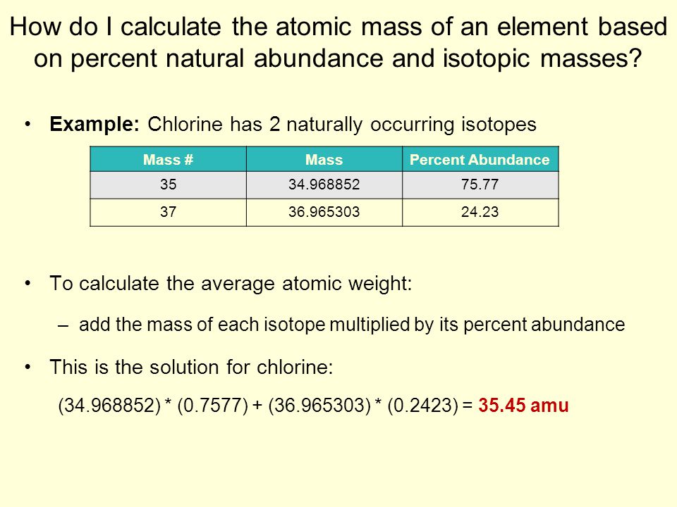 How do I calculate the atomic mass of an element based on percent natural abundance and isotopic masses