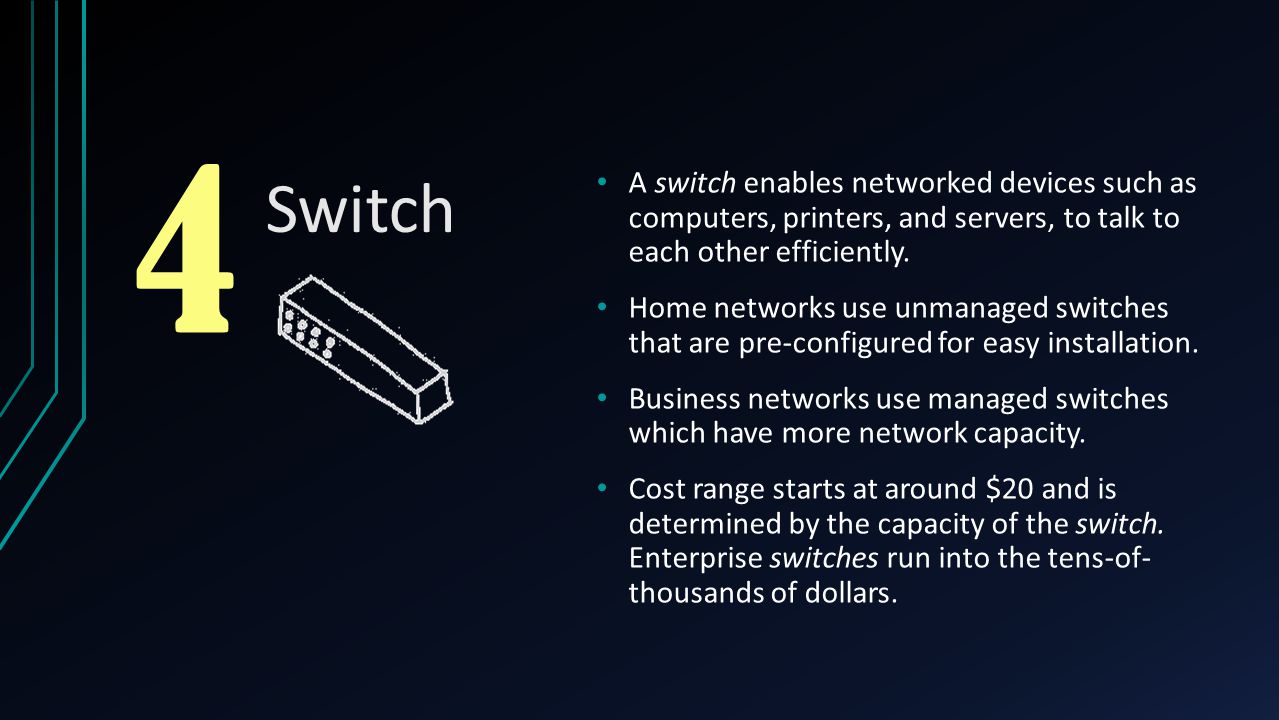 4 Switch. A switch enables networked devices such as computers, printers, and servers, to talk to each other efficiently.