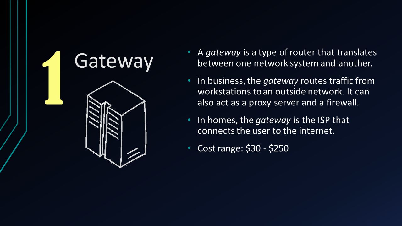 1 Gateway. A gateway is a type of router that translates between one network system and another.