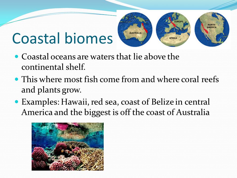 Coastal biomes Coastal oceans are waters that lie above the continental shelf. This where most fish come from and where coral reefs and plants grow.