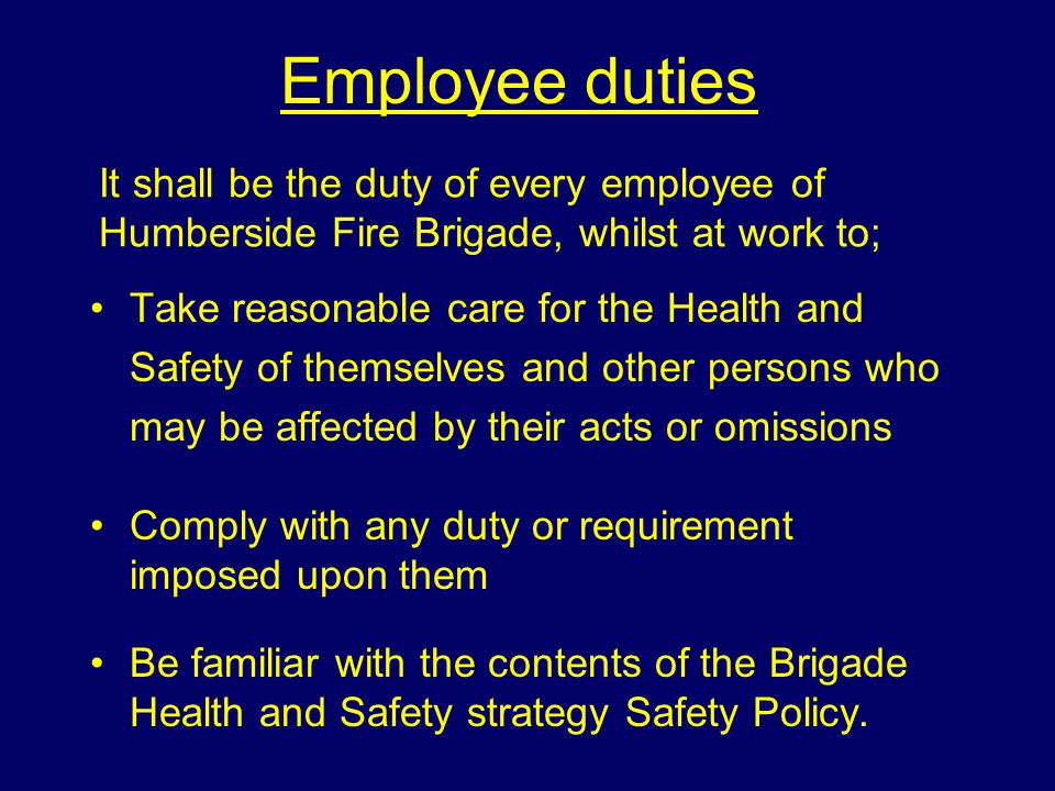 Employee duties It shall be the duty of every employee of Humberside Fire Brigade, whilst at work to;