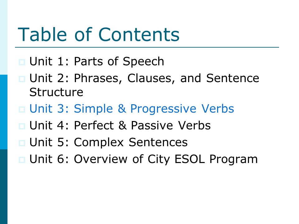 Table of Contents Unit 1: Parts of Speech