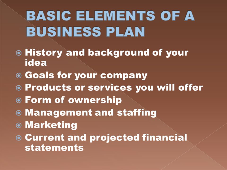 BASIC ELEMENTS OF A BUSINESS PLAN