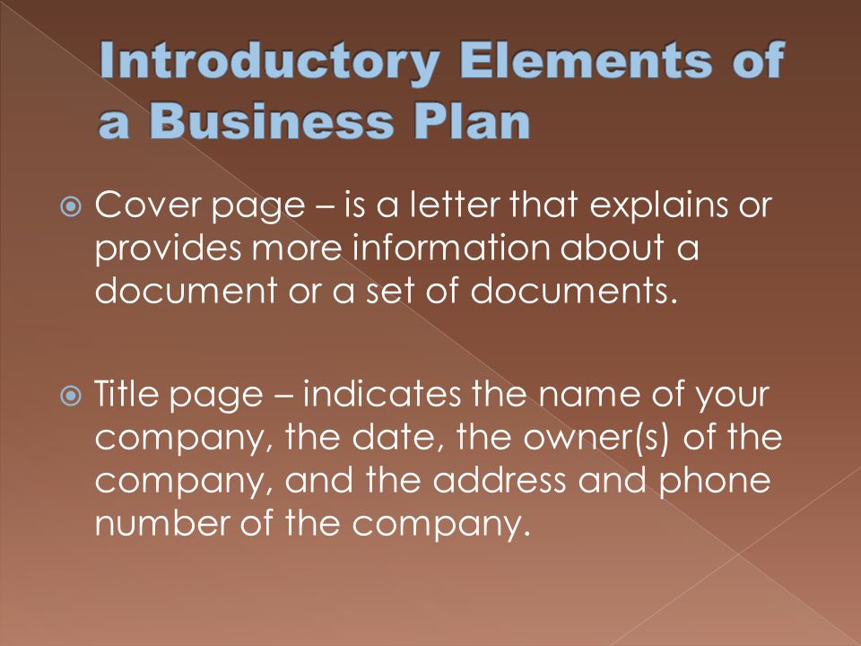Introductory Elements of a Business Plan