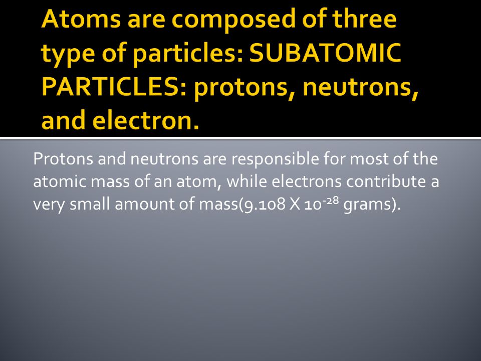 Atoms are composed of three type of particles: SUBATOMIC PARTICLES: protons, neutrons, and electron.