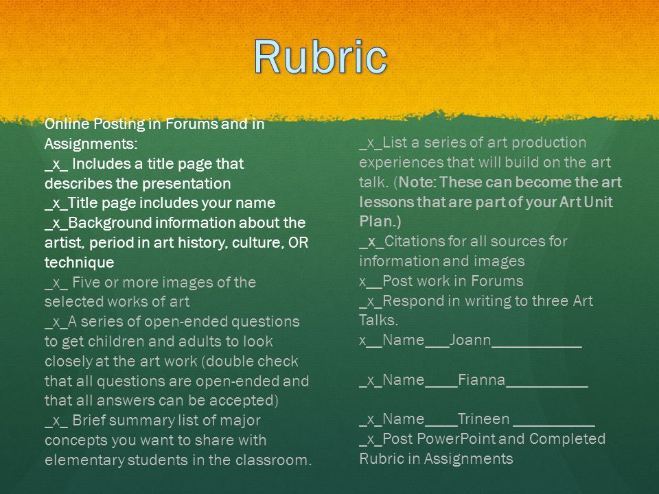 Rubric Online Posting in Forums and in Assignments: