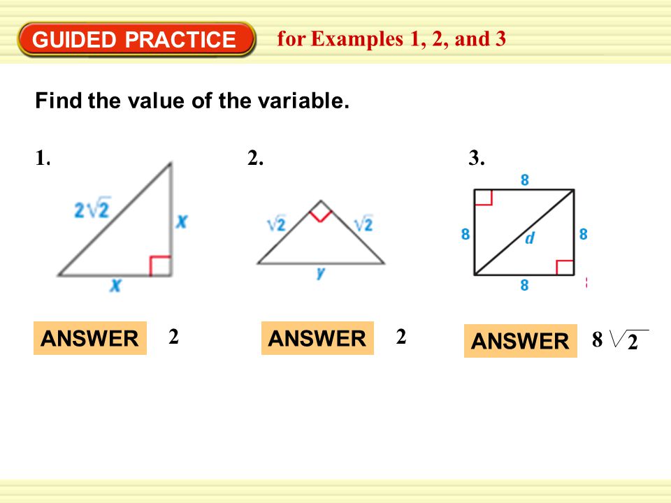 GUIDED PRACTICE for Examples 1, 2, and 3. Find the value of the variable ANSWER. 2.
