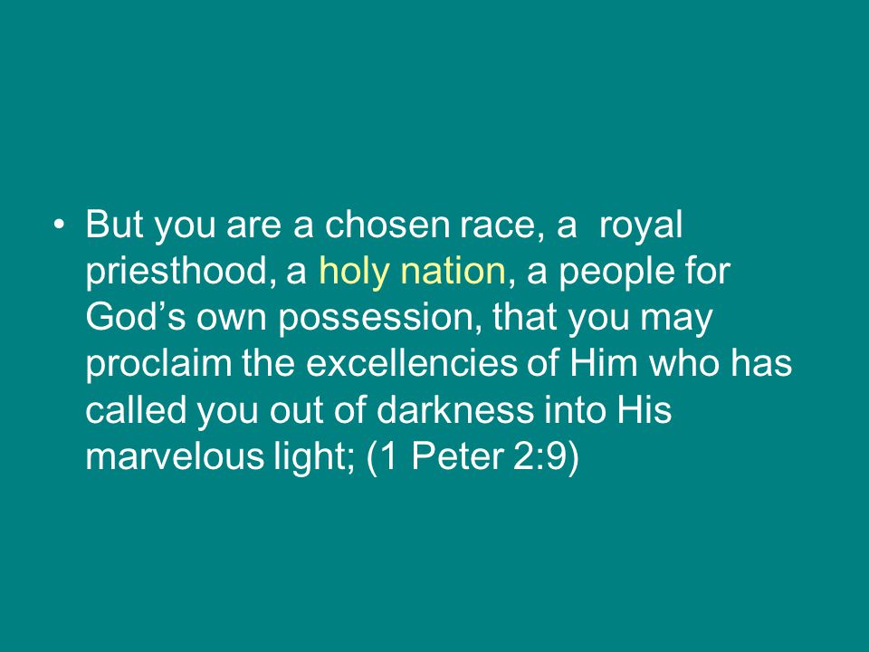 But you are a chosen race, a royal priesthood, a holy nation, a people for God’s own possession, that you may proclaim the excellencies of Him who has called you out of darkness into His marvelous light; (1 Peter 2:9)
