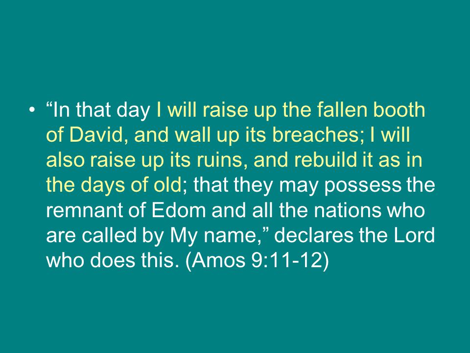In that day I will raise up the fallen booth of David, and wall up its breaches; I will also raise up its ruins, and rebuild it as in the days of old; that they may possess the remnant of Edom and all the nations who are called by My name, declares the Lord who does this.