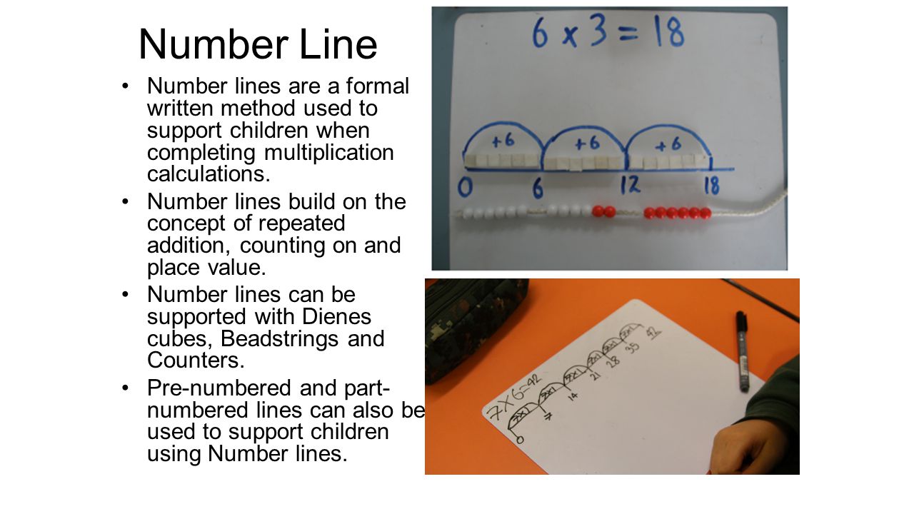 Number Line Number lines are a formal written method used to support children when completing multiplication calculations.