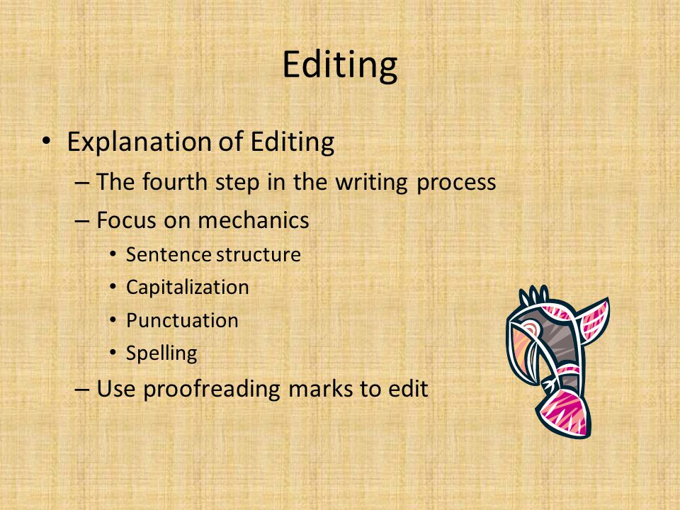 Editing Explanation of Editing The fourth step in the writing process