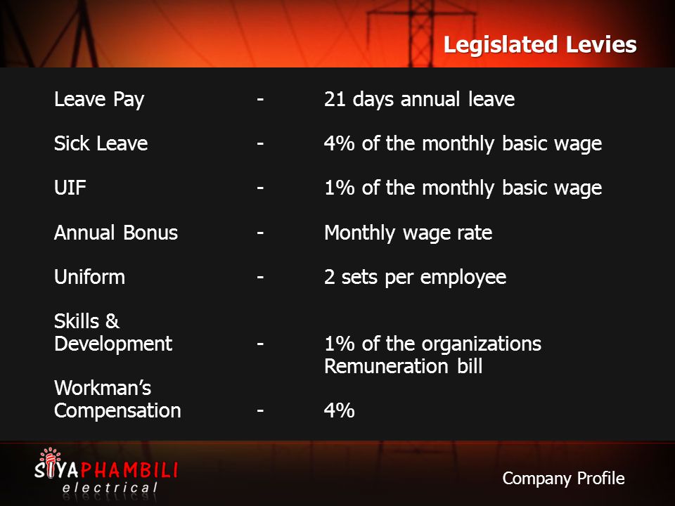 Legislated Levies Leave Pay - 21 days annual leave
