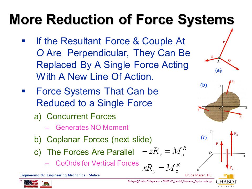 More Reduction of Force Systems