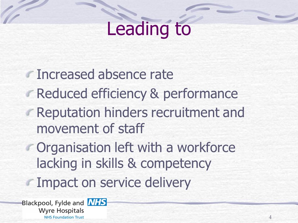 Leading to Increased absence rate Reduced efficiency & performance