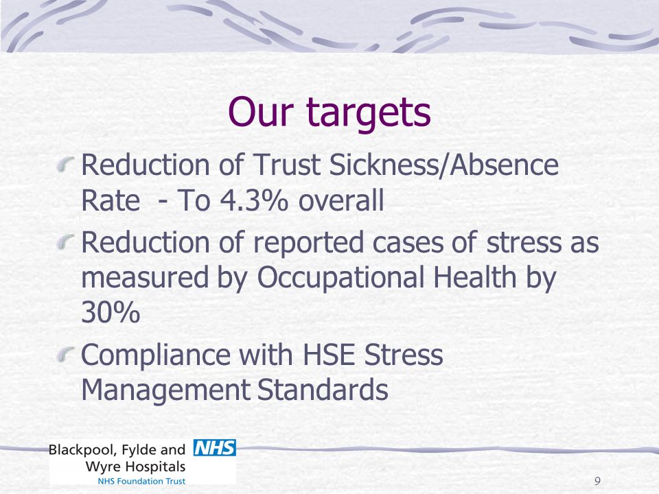 Our targets Reduction of Trust Sickness/Absence Rate - To 4.3% overall