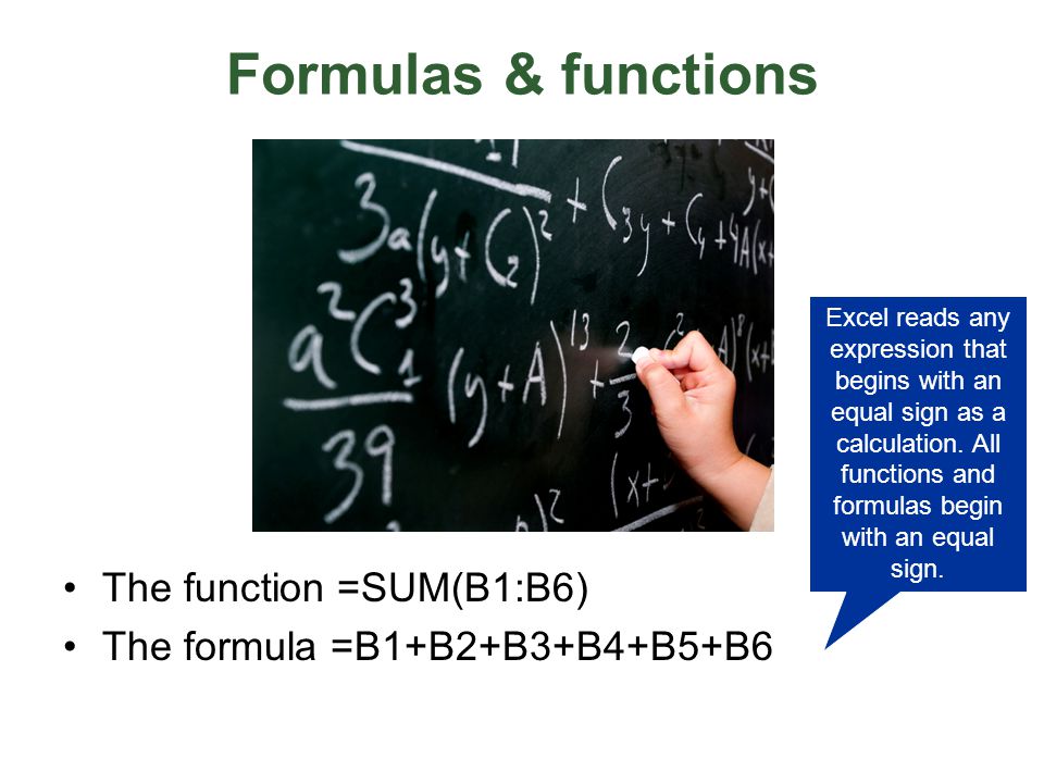 Formulas & functions The function =SUM(B1:B6)