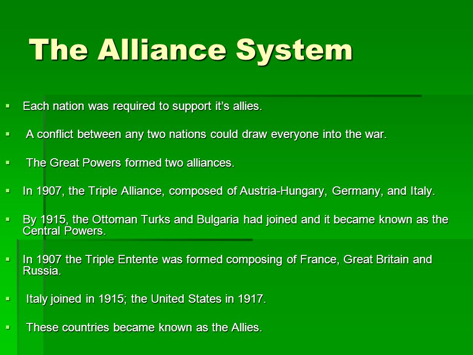 The Alliance System Each nation was required to support it’s allies.