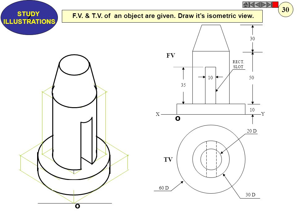 Z STUDY. ILLUSTRATIONS. 30. F.V. & T.V. of an object are given. Draw it’s isometric view. O. 10.