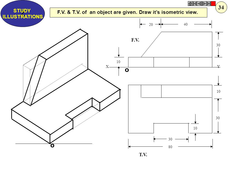 Z STUDY. ILLUSTRATIONS. 34. F.V. & T.V. of an object are given. Draw it’s isometric view. O. 10.