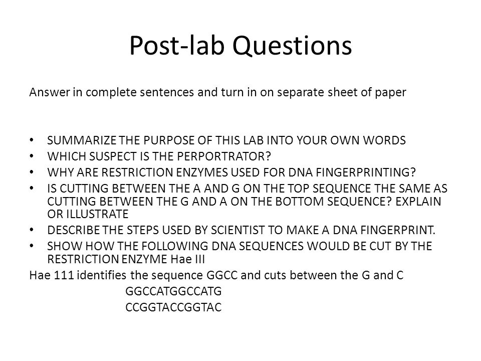 Post-lab Questions Answer in complete sentences and turn in on separate sheet of paper. SUMMARIZE THE PURPOSE OF THIS LAB INTO YOUR OWN WORDS.