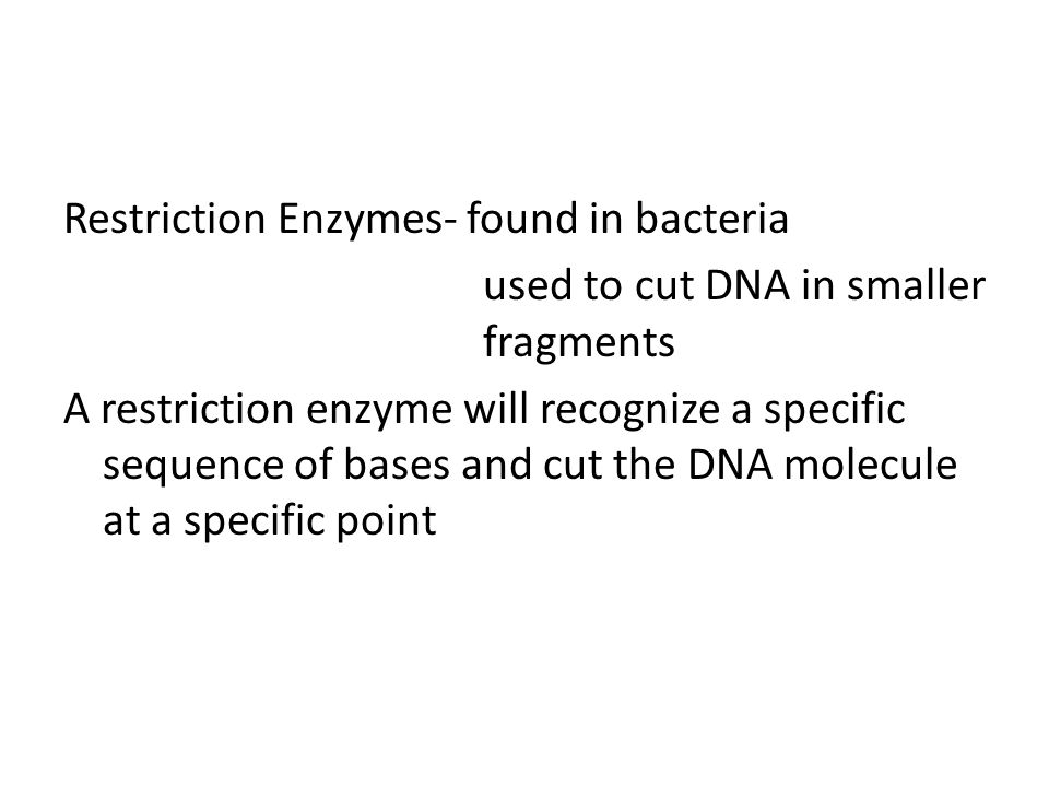 Restriction Enzymes- found in bacteria used to cut DNA in smaller fragments A restriction enzyme will recognize a specific sequence of bases and cut the DNA molecule at a specific point