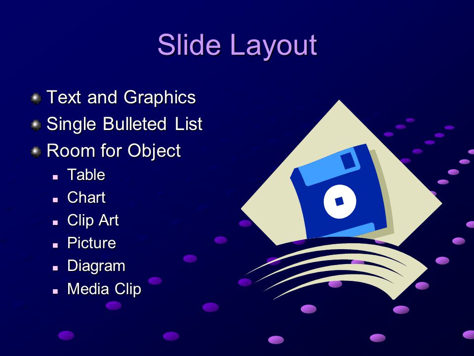 Slide Layout Text and Graphics Single Bulleted List Room for Object