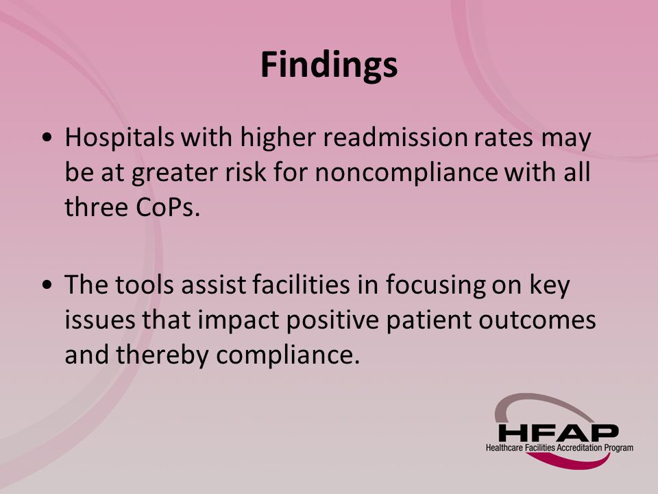Findings Hospitals with higher readmission rates may be at greater risk for noncompliance with all three CoPs.
