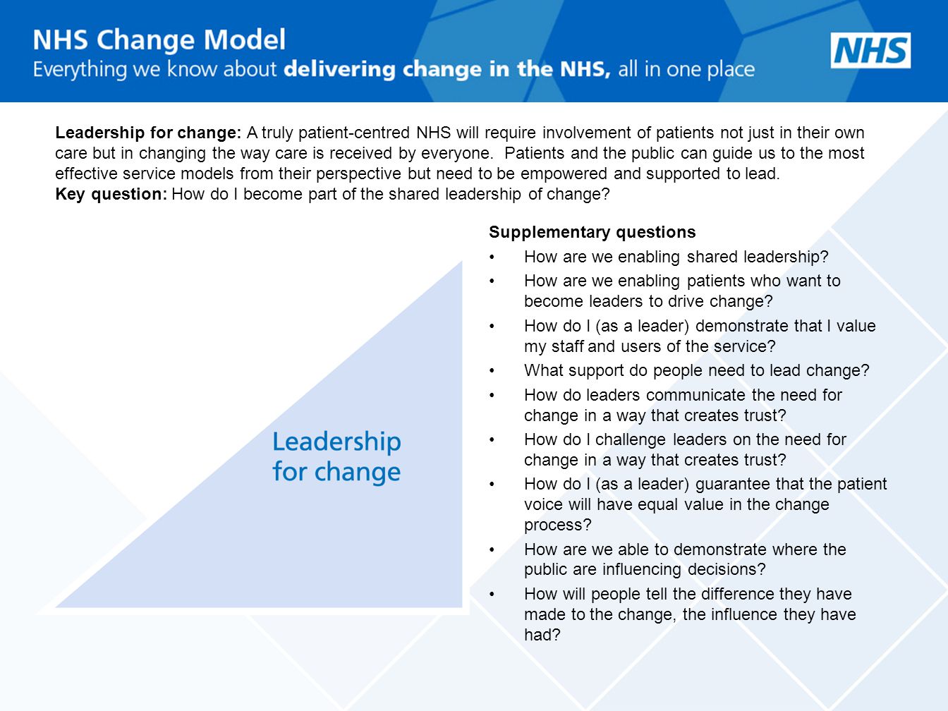 Leadership for change: A truly patient-centred NHS will require involvement of patients not just in their own care but in changing the way care is received by everyone. Patients and the public can guide us to the most effective service models from their perspective but need to be empowered and supported to lead. Key question: How do I become part of the shared leadership of change